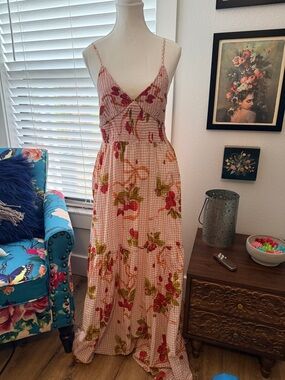 Brand New Kimchi Blue Pink Gingham Maxi Dress with Floral Print
